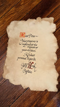 Load image into Gallery viewer, Hand-written Hook Note Replica on stained torn-edge paper